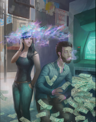 Picture of a woman mentally forcing a man to withdraw a massive money from a ATM. A corona of psychic energy is erupting from the woman's head and has infected the man's body. His very veins are glowing from the deluge of psychic energy flowing into him.
